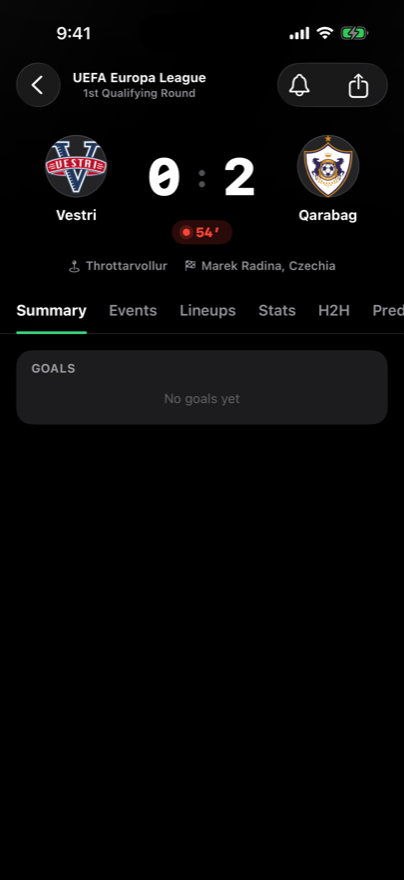 Fixture detail with live score, venue and referee