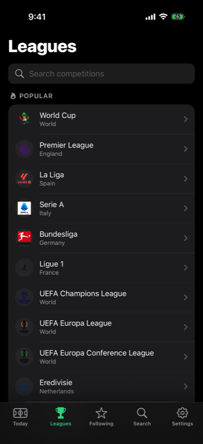 Leagues screen listing popular competitions