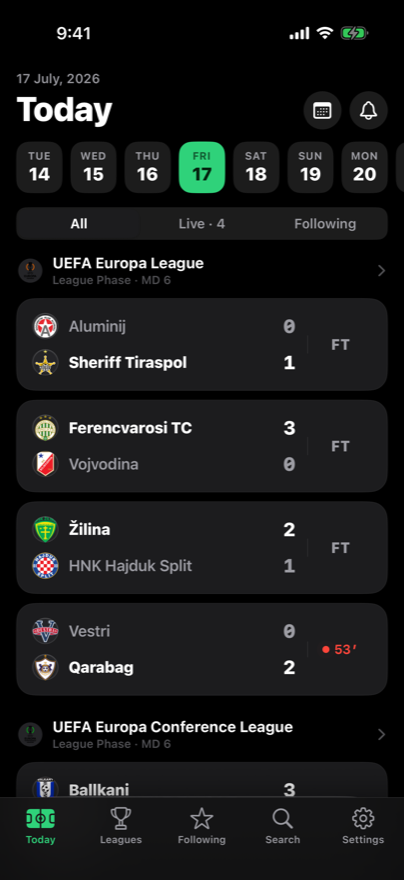 KickOff Today screen — live scores grouped by league
